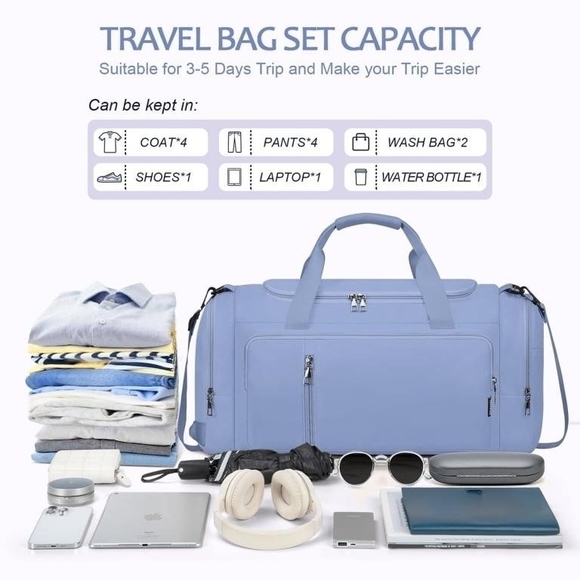 New 40L Carry On Travel Duffel Bag w Shoe Compartment & Luggage Sleeve - Blue - Picture 2 of 16